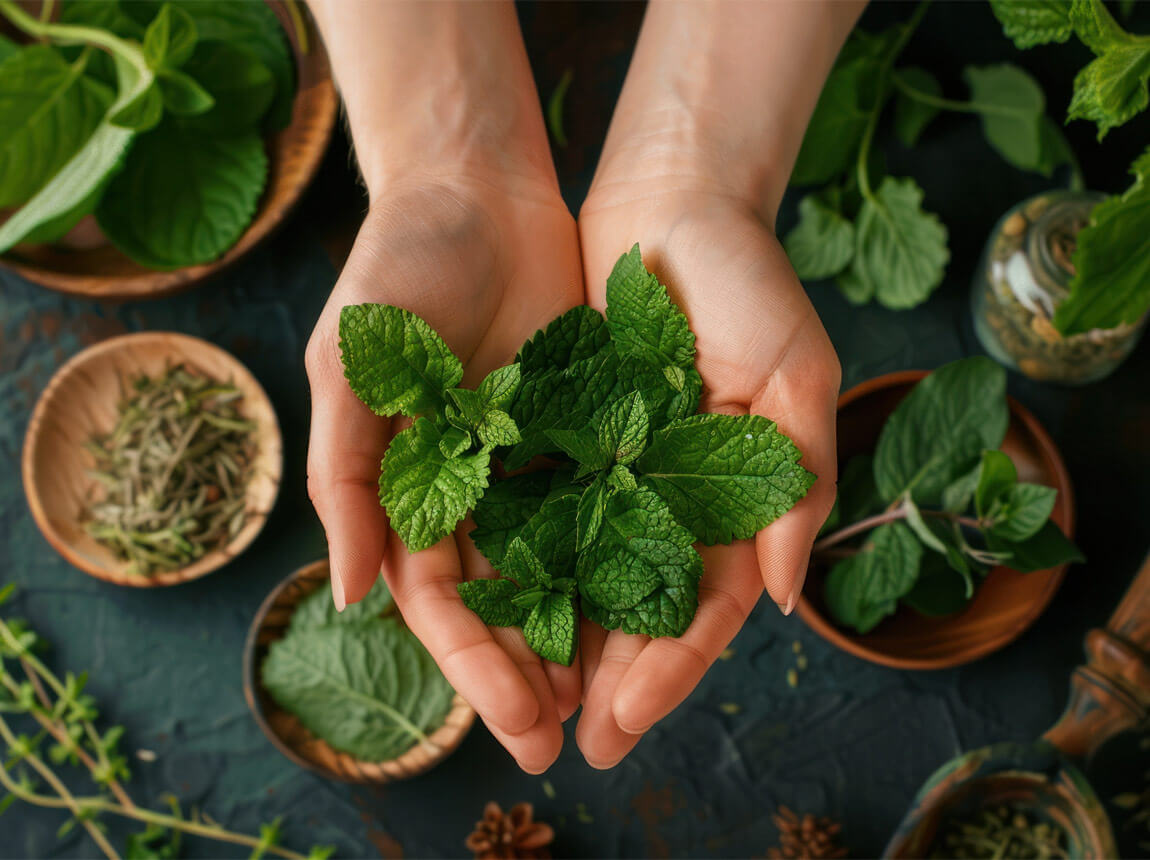 frunze de balsam de lămâie pe mâini 